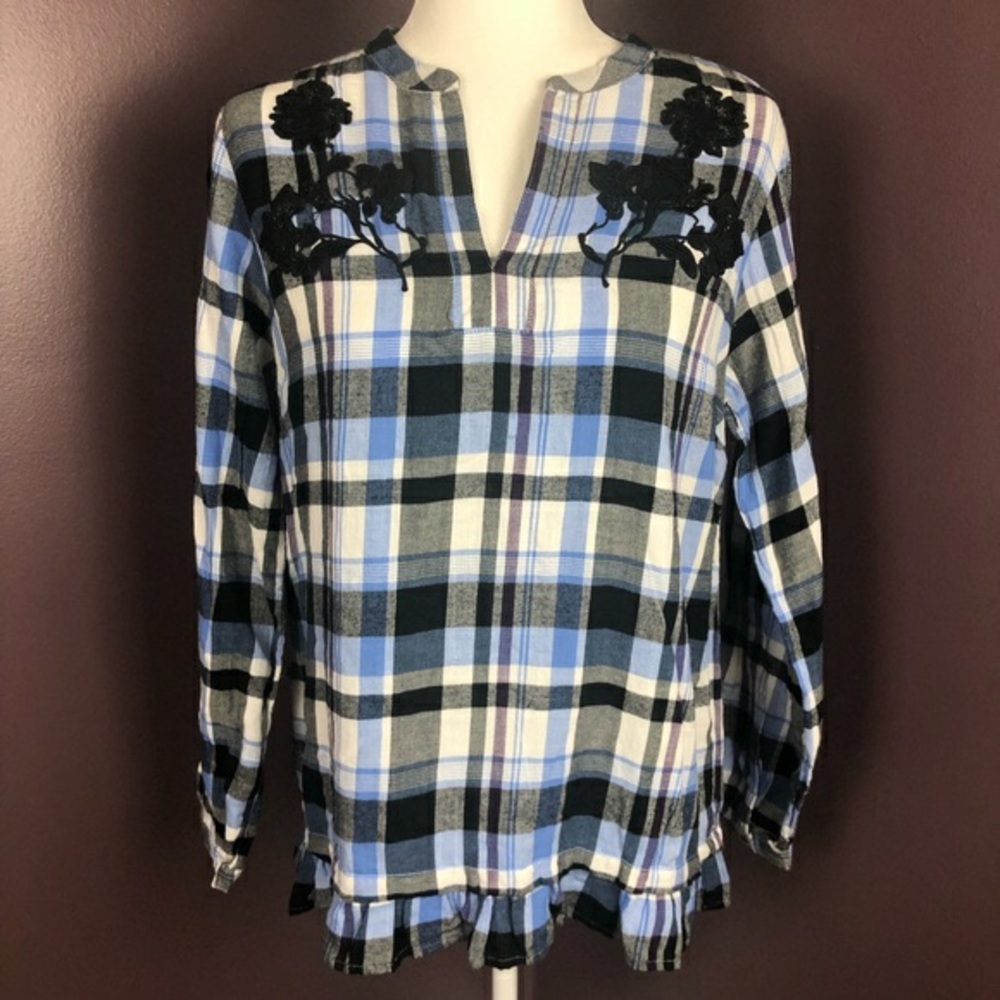 Joe Fresh Plaid Shirt w/ Ruffle & Floral Appliqué